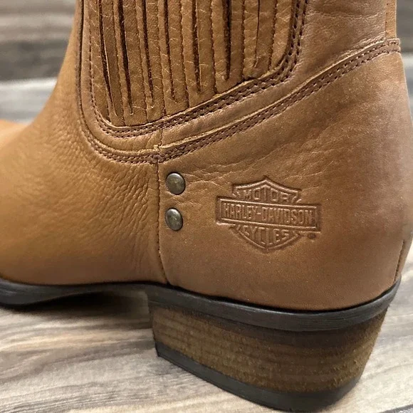 ❌SOLD❌NIB Harley Davidson Lorene Gore Western Moto Ankle Leather Boots Tan 8.5M - Picture 9 of 12